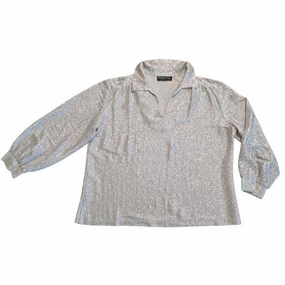 MY KINDA GAL Vintage Metallic Top Size 10 Silver Cream Loose Fit Blouse Belt - Picture 11 of 13